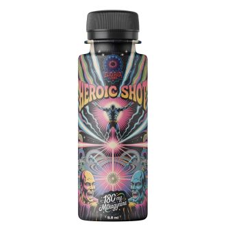 Elythra Labs Heroic Shot Fläschchen, 8,8 ml ultra-konzentrierter Kratom Energy Shot mit 180 mg Mitragynin. Psychedelisches Etikettendesign mit kräftigem kosmischem Artwork, strahlender Heldenfigur und leuchtenden Farben, die extreme Kraft symbolisieren.