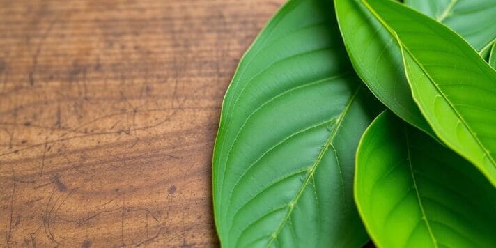 Nahaufnahme von Kratomblättern auf Holzoberfläche.