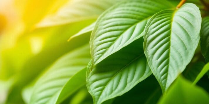 Nahaufnahme von Kratomblättern auf grünem Hintergrund.