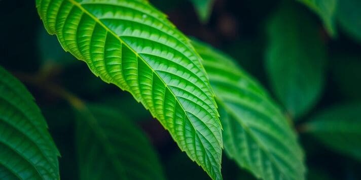Nahaufnahme von Kratomblättern auf verschwommenem Hintergrund.